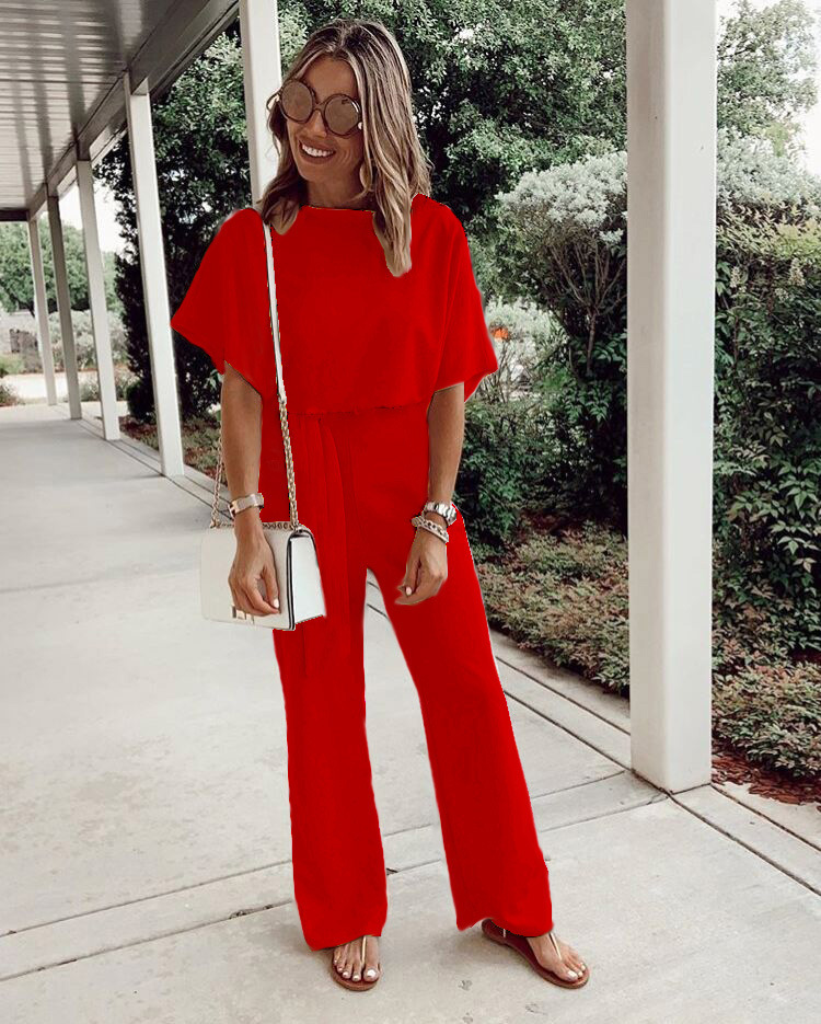 Women's Loose Casual Lace Up Jumpsuit Short Sleeve - Image 6