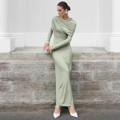 Fashionable, Elegant, Long-sleeved Slim Dress For Women - Cyan - View 1
