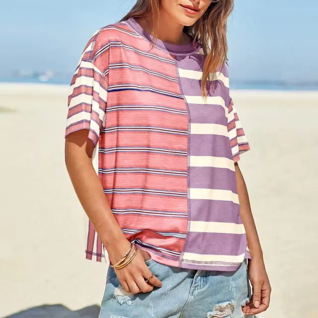 Women's Striped Casual Loose fitting Short sleeve Shirt Style 10 L - Shop at LoveMi