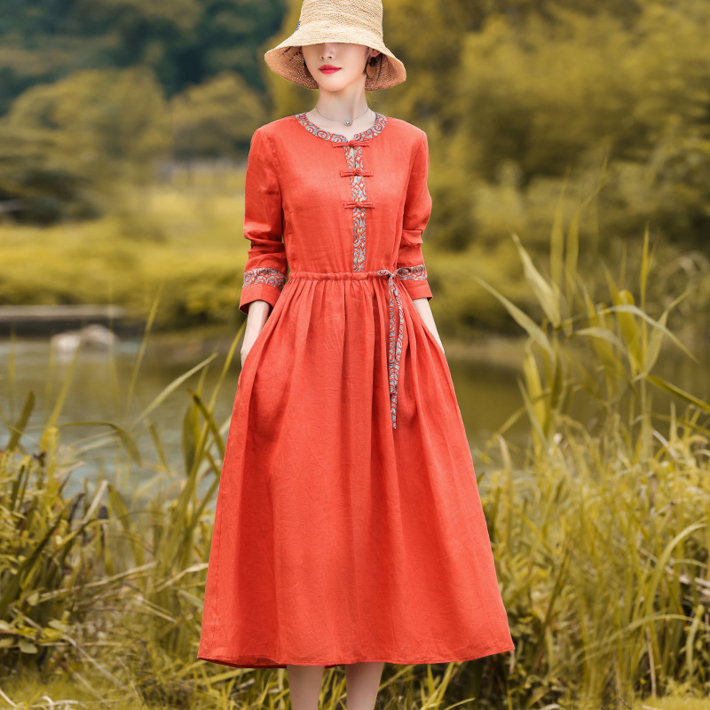 Vintage Artistic Long Sleeve Round Neck Cotton And Linen Dress Women's Lace-up Cinched Patchwork Midi Dress