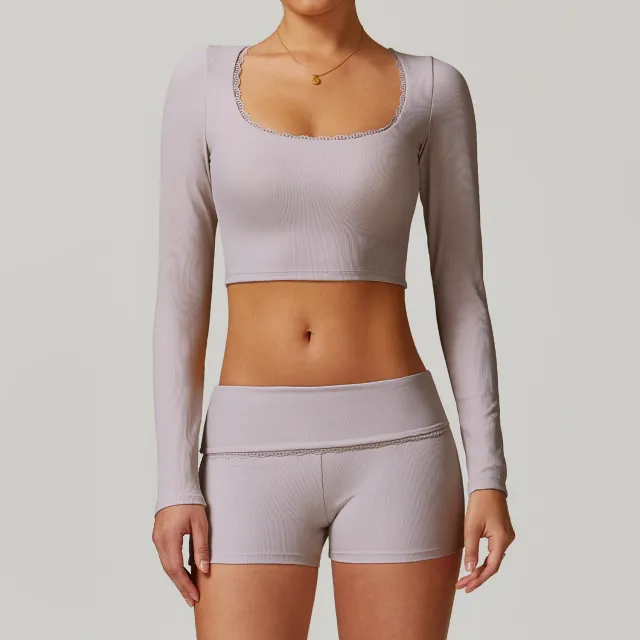 Threaded Tight Long sleeved T shirt Yoga Clothes Breathable Quick drying Top Fitness Exercise Linen - Shop at LoveMi