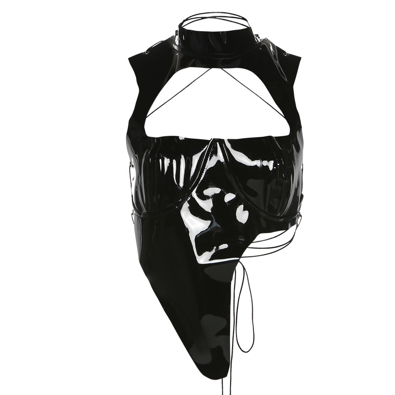 Women's Faux Leather Slim Fit Hollow Backless Lace Up Short Vest Top