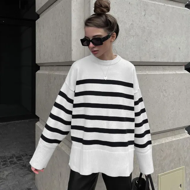 European And American Loose Striped Sweater Women White - Shop at LoveMi