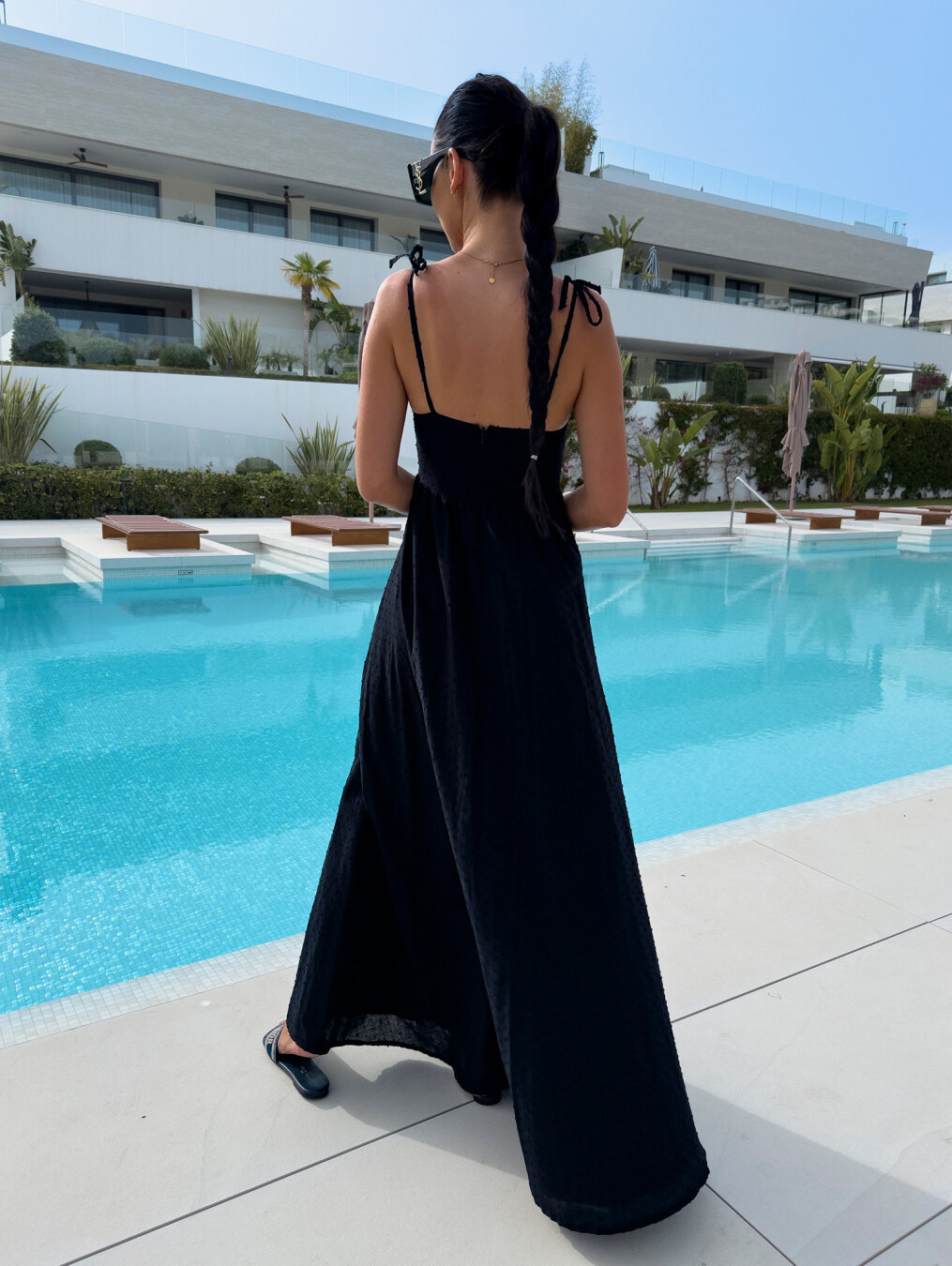 solid color jacquard deep v sling dress back view