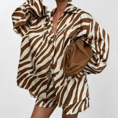 Women's Shirt Top Shorts Printed Fashion Two-piece Suit - Brown - View 1
