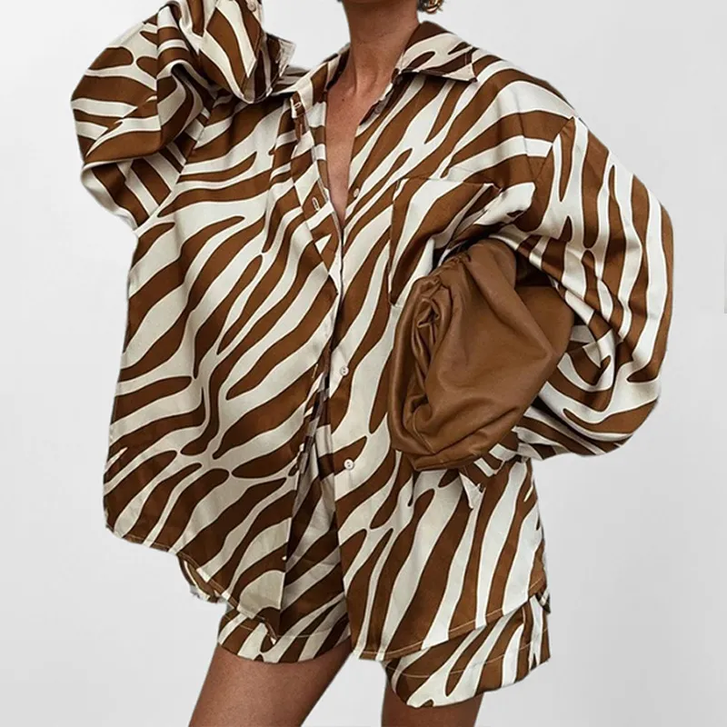 Women's Shirt Top Shorts Printed Fashion Two-piece Suit - Brown