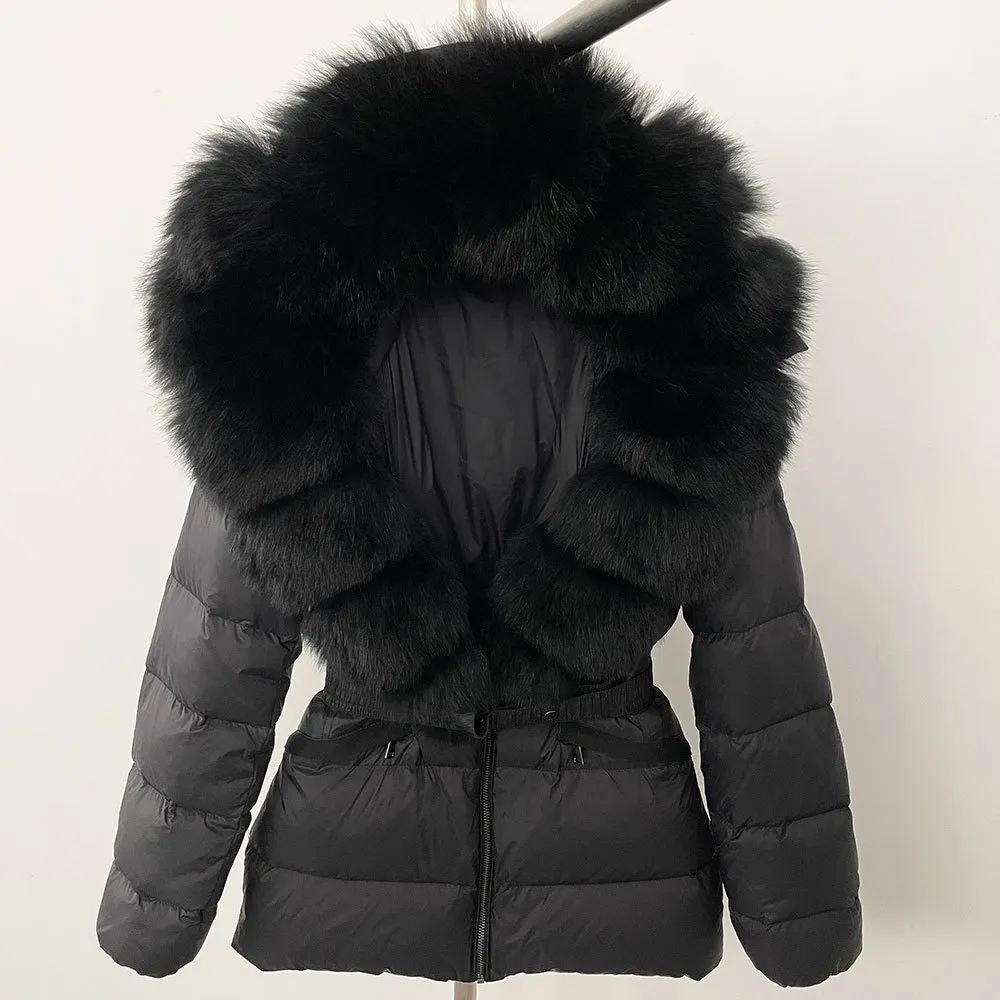 Short Women's Thickened Slim Fit Waist-tight Fur Down Jacket - Black And Black