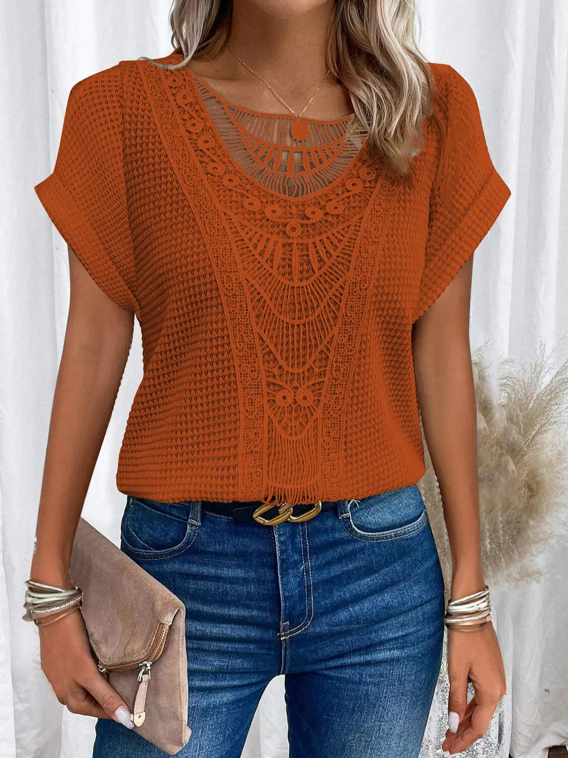 Summer Hollow Out Short-sleeved T-shirt Fashion Ethnic Style Tops Women's