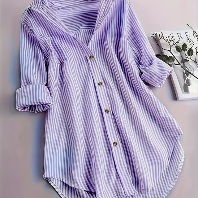 Women's Striped Button Casual Loose Long sleeved Shirt Purple - Shop at LoveMi