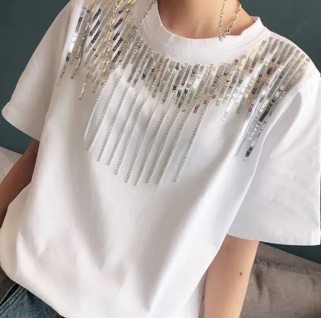 Sequin Rhinestones Tassel Women's Short Sleeve Spring And Summer New White - Shop at LoveMi