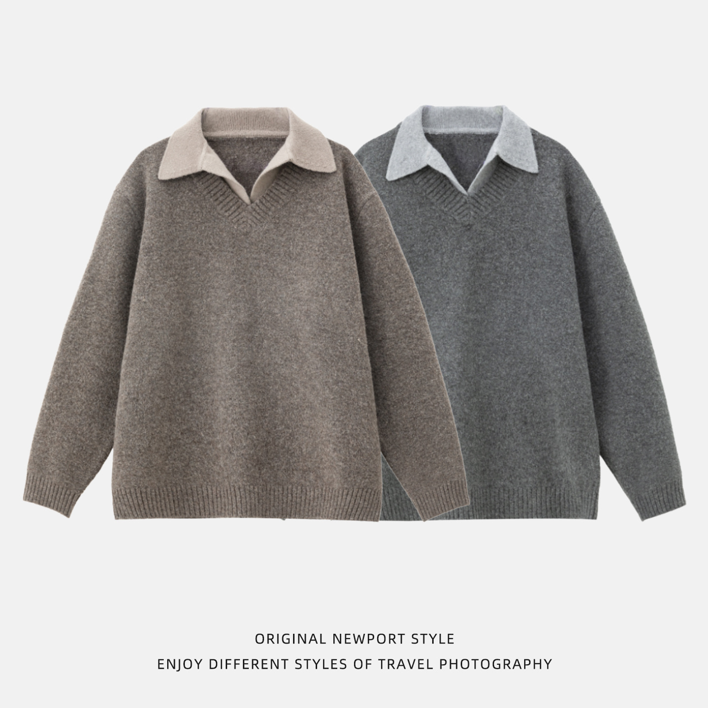 Old-money-style Faux Two-piece V-neck Polo Knit Sweater Jacket