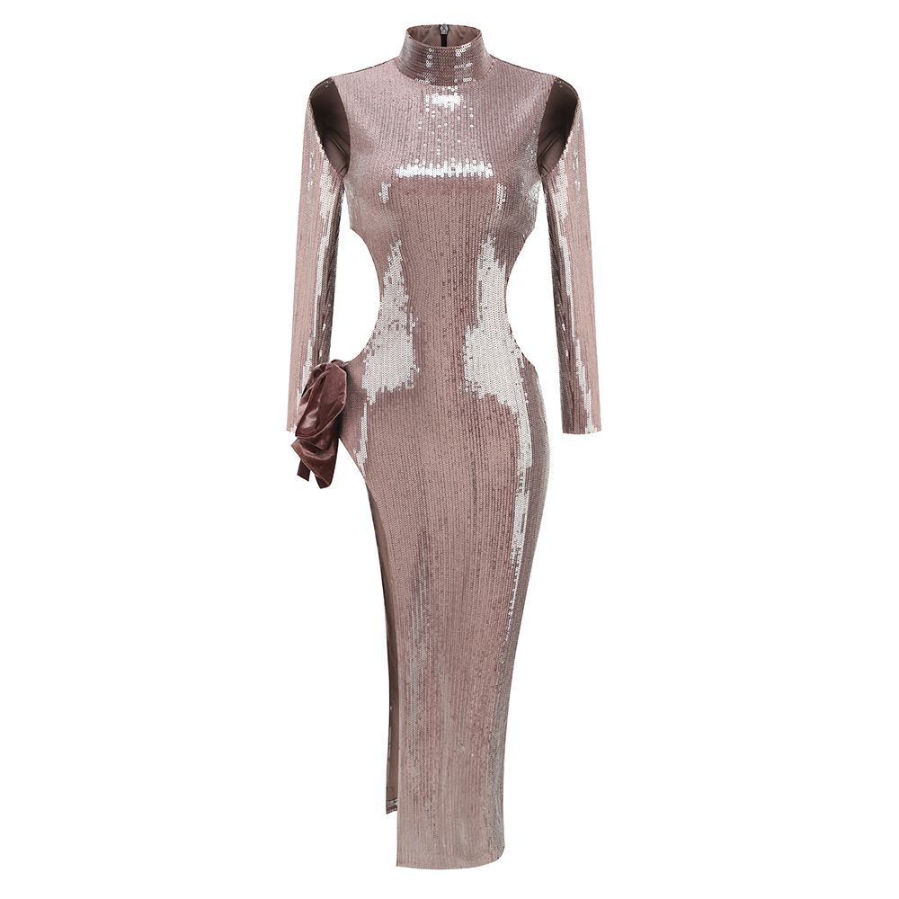 Slim-fit Sequined Turtleneck Long Dress