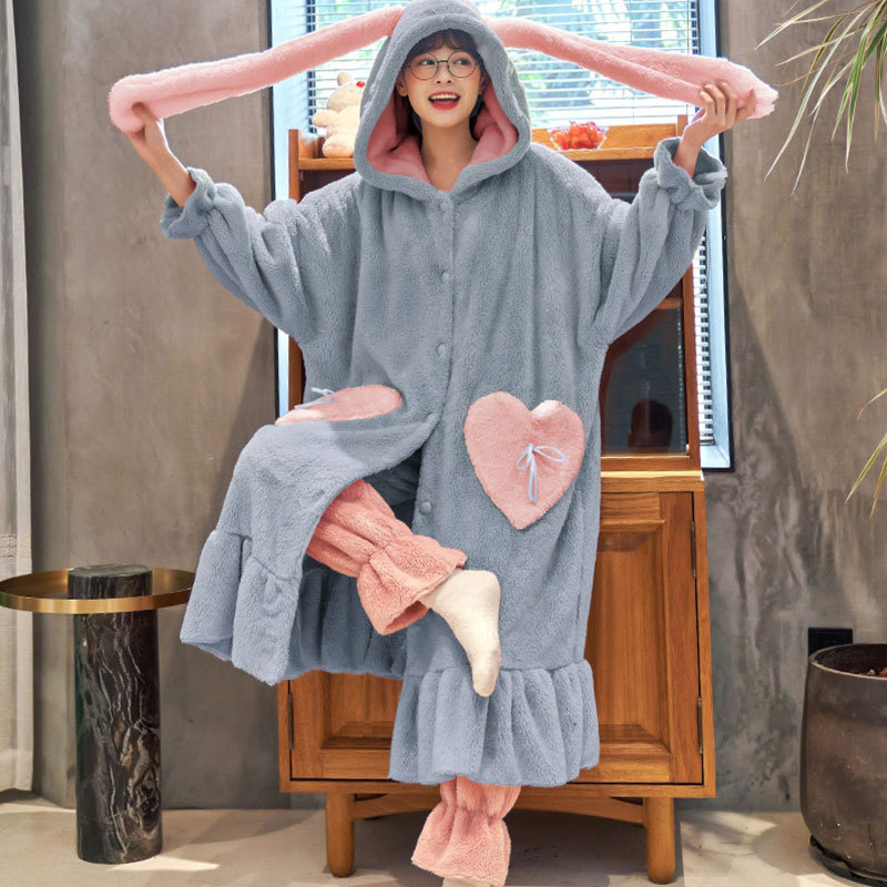 Title 3, Coral Fleece Long Nightgown Long Ears Hooded Ho...