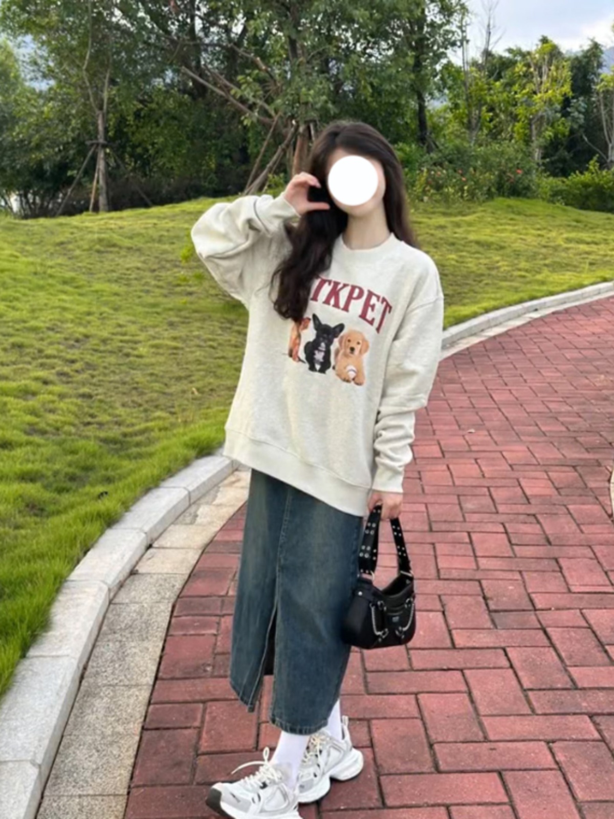 American Retro Cartoon Puppy Gray Sweater Female Spring And Autumn Idle Style Niche Round Neck Long Sleeve Top