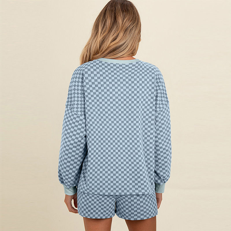 Drawstring Leisure Suit Women’s Printed Checks Long Sleeve Two-piece Set