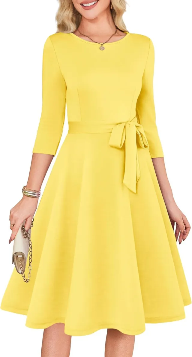 New Solid Color Cocktail Dress With 34 Sleeves, Vintage Style, Elegant Round Neck Gown For Wedding Guests Yellow - Shop at LoveMi