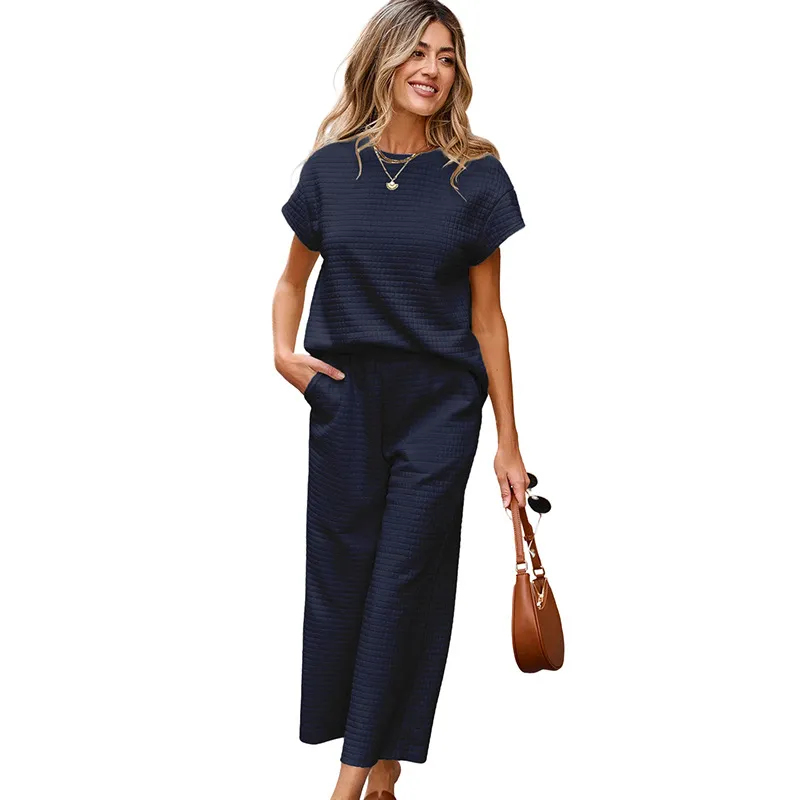 Solid Colour Texture Fashion Women's European And American Leisure Two-piece Set - Lc626377 Dark Blue