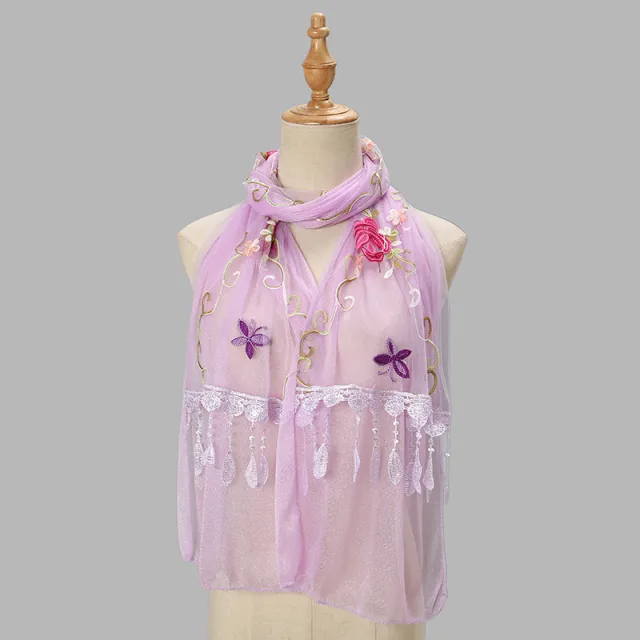 Double layer Embroidery Flower Scarf Female Tassel 5 Light Purple - Shop at LoveMi