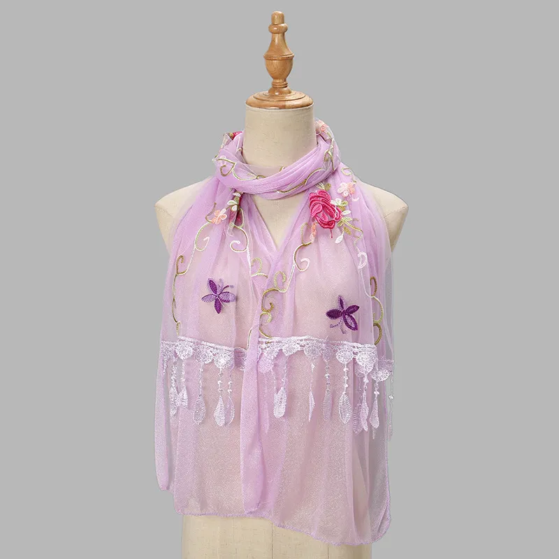 Double-layer Embroidery Flower Scarf Female Tassel - 5 Light Purple
