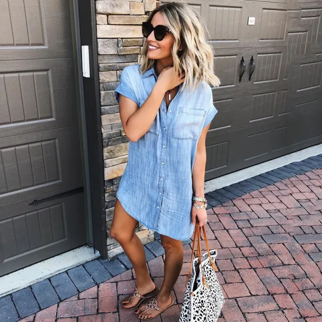Women's Short sleeved Distressed Denim Buckle Casual Shirt Light Blue - Shop at LoveMi