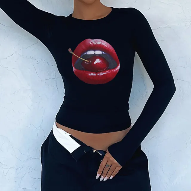 Cherry Lips Abstract Printing Contrast Color Top Black - Shop at LoveMi