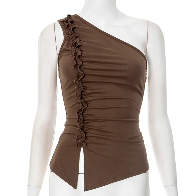 One shoulder Pleated Lace T shirt Top Brown - Shop at LoveMi