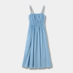 Wrapped Chest Strap Dress Cotton Blended Mid-length - Blue - View 1