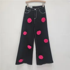 European And American Niche Three-dimensional Feather Rose Flower Jeans - Black - View 1