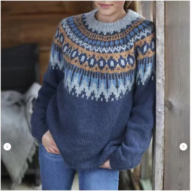 Women's Round Neck Pullover Jacquard Vintage Print Sweater Navy Blue - Shop at LoveMi