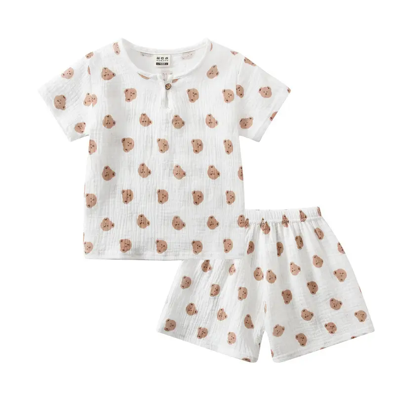 Cotton And Linen Short Sleeve Shorts Suit Round Neck Cartoon Printing