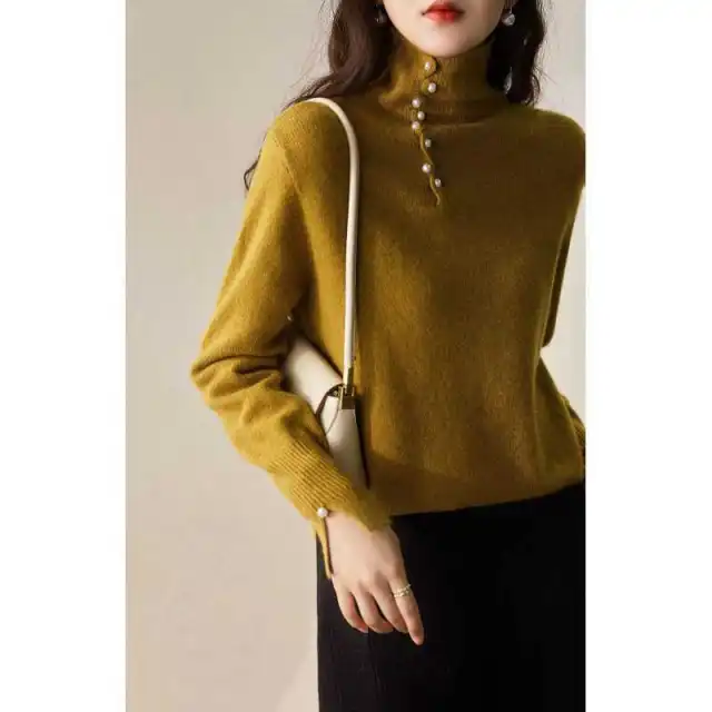 Craft Design Button Warm Turtleneck Comfortable Sweater For Women MLZY84274 Yellow - Shop at LoveMi