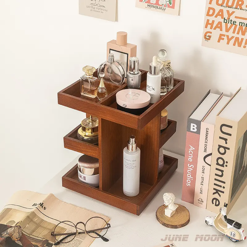 Tiered Desktop Organizer for Lipsticks and Wooden Skincare Products