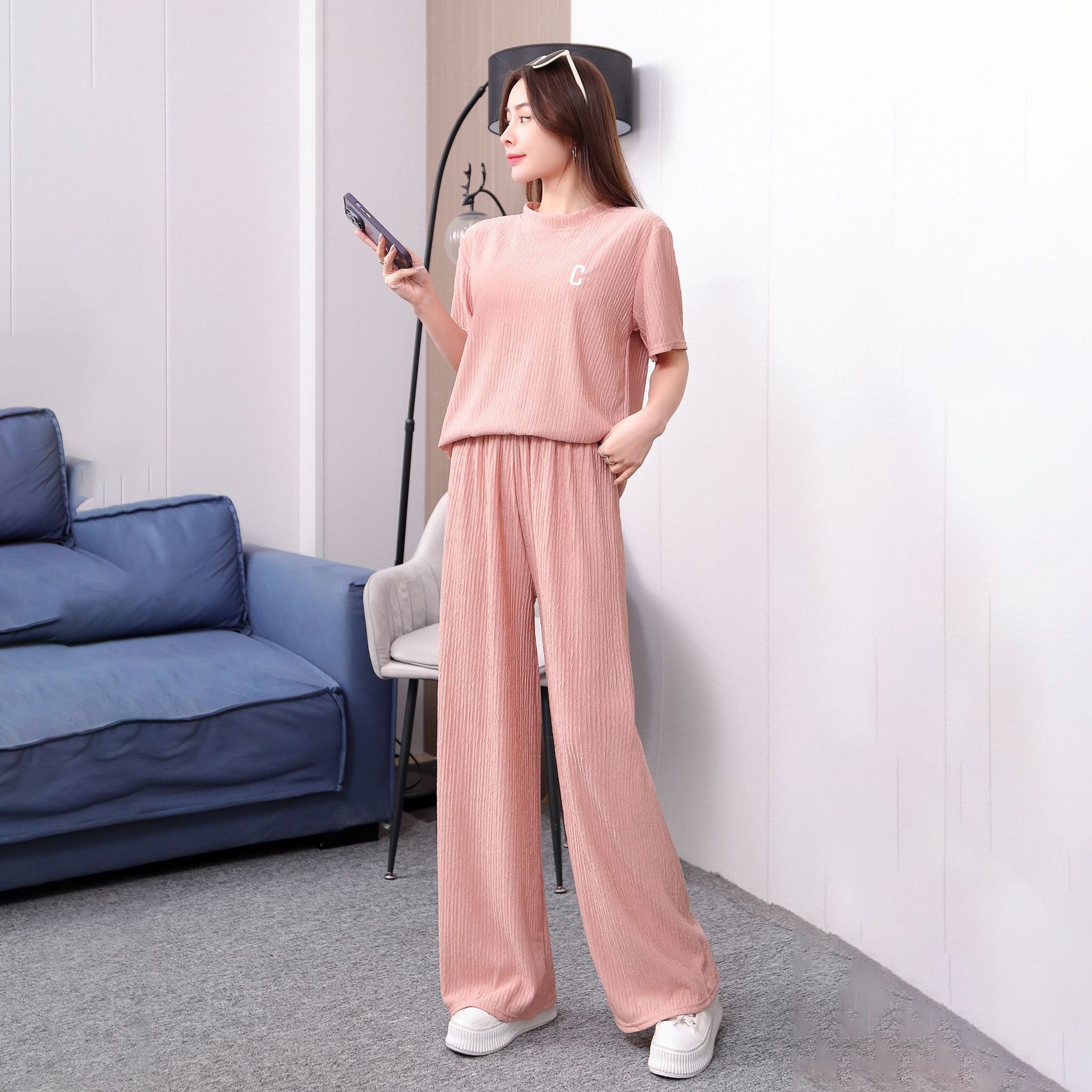 Women's Spring And Summer Letters Thin Embroidery Homewear Suit Light Pink - Shop at LoveMi