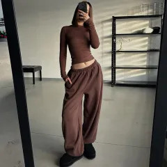 Women's Solid Color Round Neck Slim Fit Long Sleeve T-shirt High Waist Loose Sweatpants Set - Brown - View 1