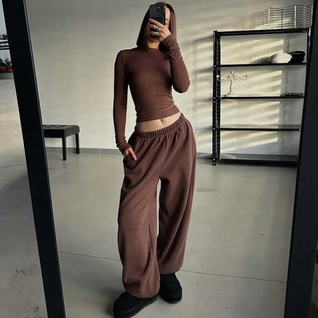 Women's Solid Color Round Neck Slim Fit Long Sleeve T shirt High Waist Loose Sweatpants Set Brown - Shop at LoveMi