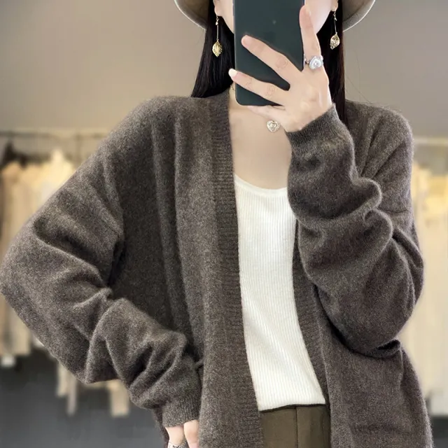 Spring And Autumn New Cardigan Solid Color And V neck Thin Loose Slimming And All matching Coat With Pocket Silk Mist Brown - Shop at LoveMi