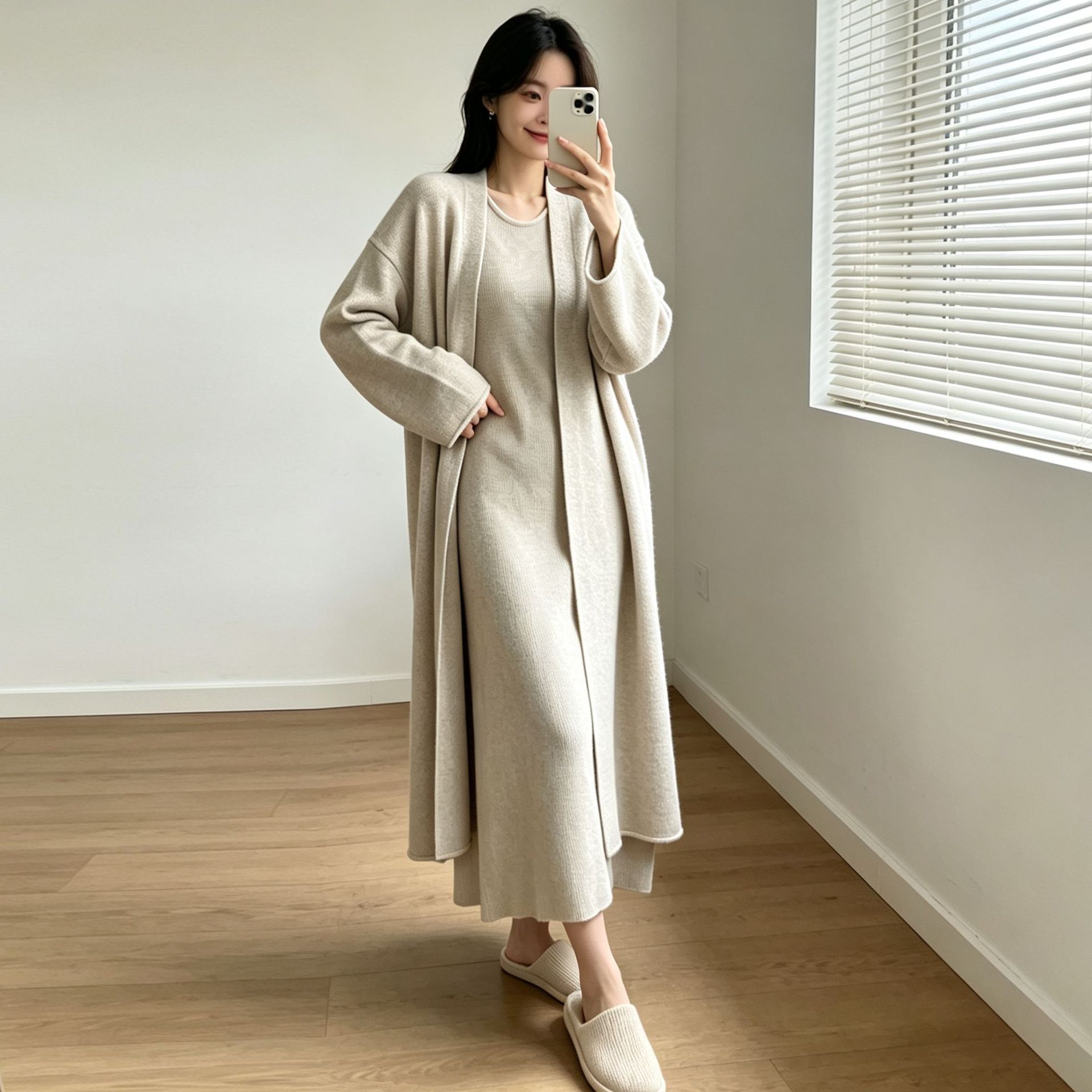Laid-back Style Knitted Cardigan And Dress Two-piece Set