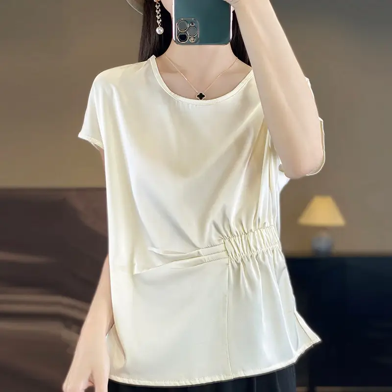 Crew-neck Simple All-match Drawstring Short-length Short-sleeve T-shirt