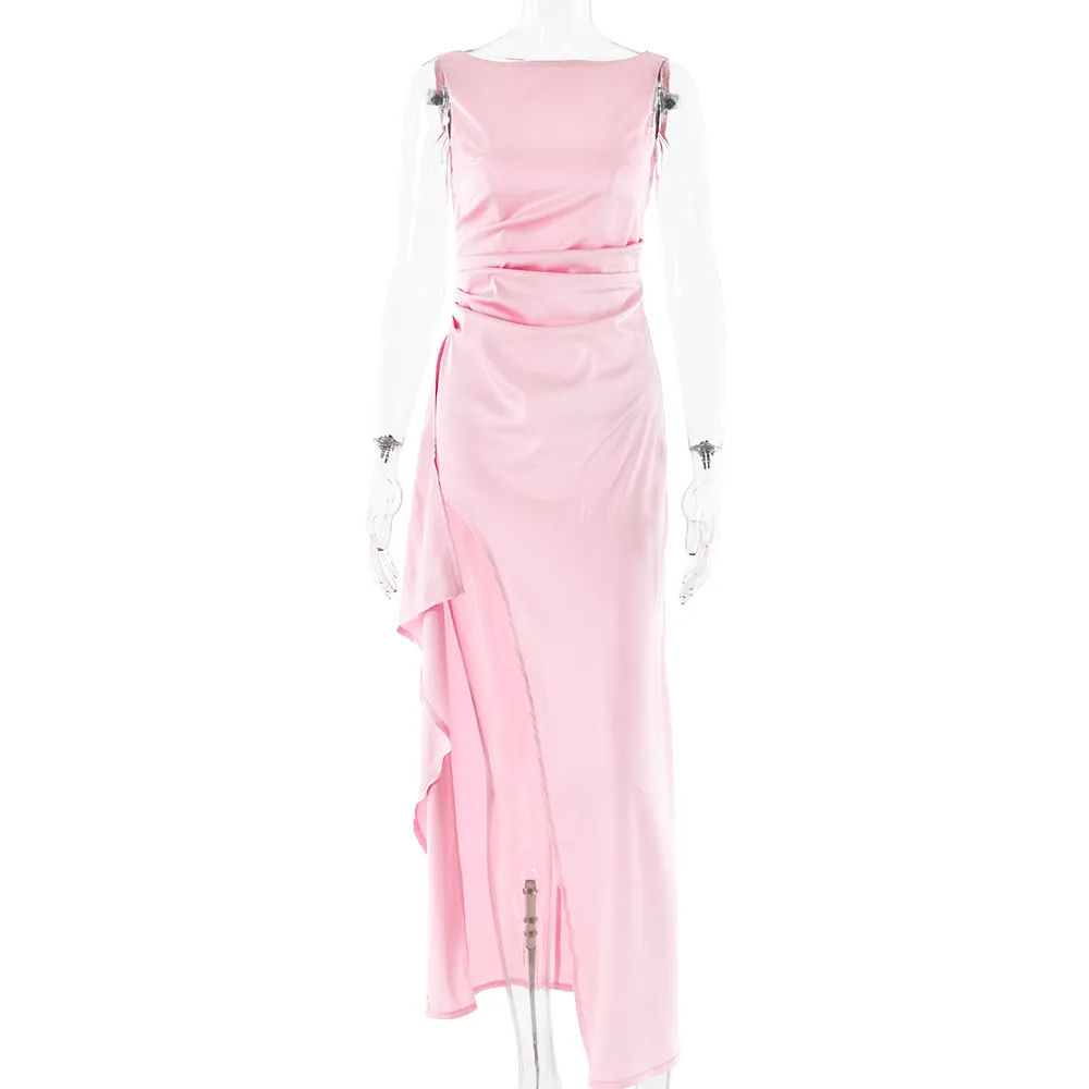 Fashion Slim Sleeveless Backless Satin Pleated High Slit Long Dress - Pink