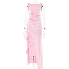 Fashion Slim Sleeveless Backless Satin Pleated High Slit Long Dress - Pink - View 1