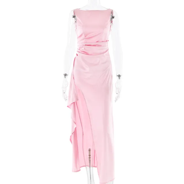 Fashion Slim Sleeveless Backless Satin Pleated High Slit Long Dress Pink - Shop at LoveMi