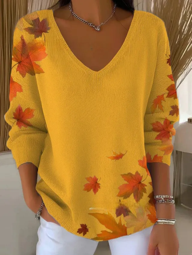 Printed Women's Gradient Color V neck Long sleeved T shirt Ln25090305 - Shop at LoveMi