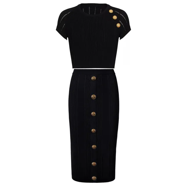 Knitted T shirt Top Half length Midi Skirt Suit Black - Shop at LoveMi