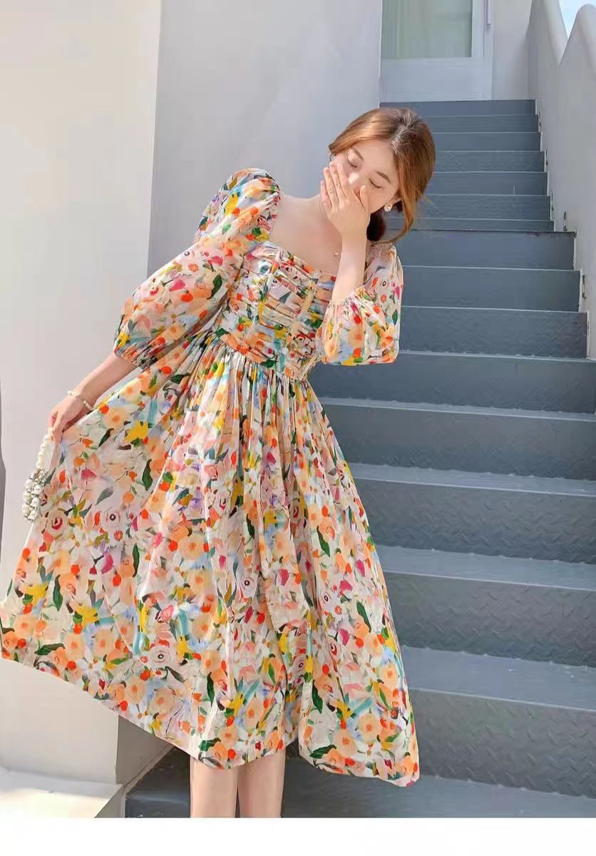 High-end Temperament Western Style Retro Chic Beautiful Candy Color Backless Floral Dress