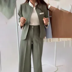 Autumn And Winter Leisure Temperament Color Matching Women's Suit Jacket Trousers Two-piece Set - Green - View 1