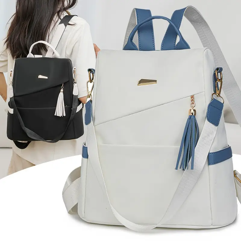 Oxford Cloth Stitching Women'S Backpack Anti-Theft Back Zipper Girls