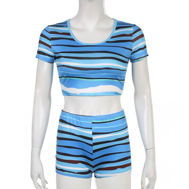 European And American Style Casual Women's Wear Striped Printed Contrast Color Round Neck Top And Shorts Suit Blue - Shop at LoveMi
