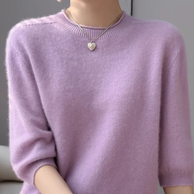 Spring Style Front Line Ready made Garments Pure Wool Sweater Round Neck Curling Half Sleeve Taro Purple - Shop at LoveMi