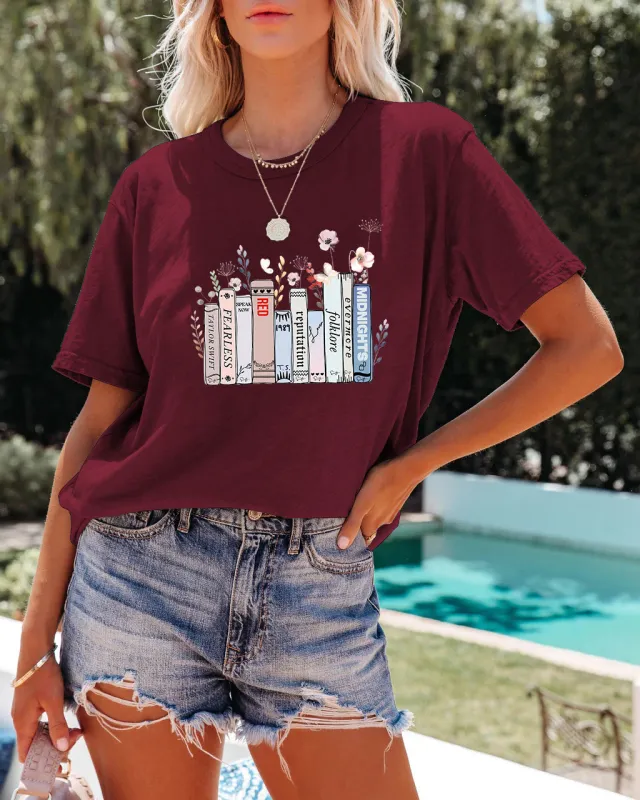 Summer New Book Flower T shirt Cute Fashion Round Neck Pullover Wine Red - Shop at LoveMi
