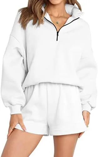 Women's Casual Three quarter Pants Solid Color Sweatshirt Two piece Set White - Shop at LoveMi